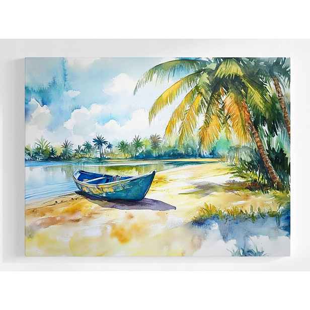 Plakát Tropická Pláž Loď Palmy Akvarel Moře 100x75