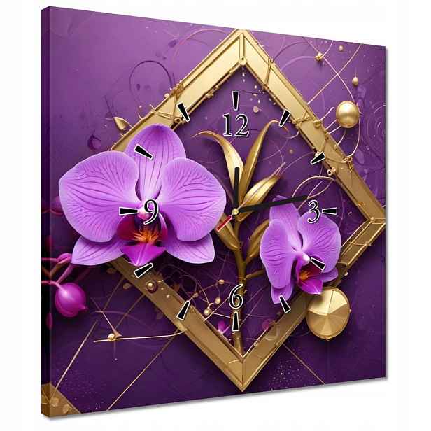 Hodiny 40x40 Fialové orchideje a zlato