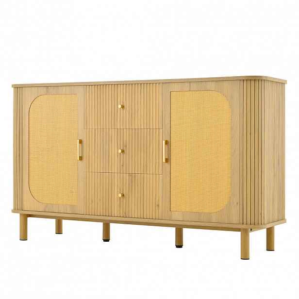 Modfu KOMODA z MDF 140x40x80 cm v přírodní barvě se zásuvkami, ratanovými dvířky a průchodkou na kabely