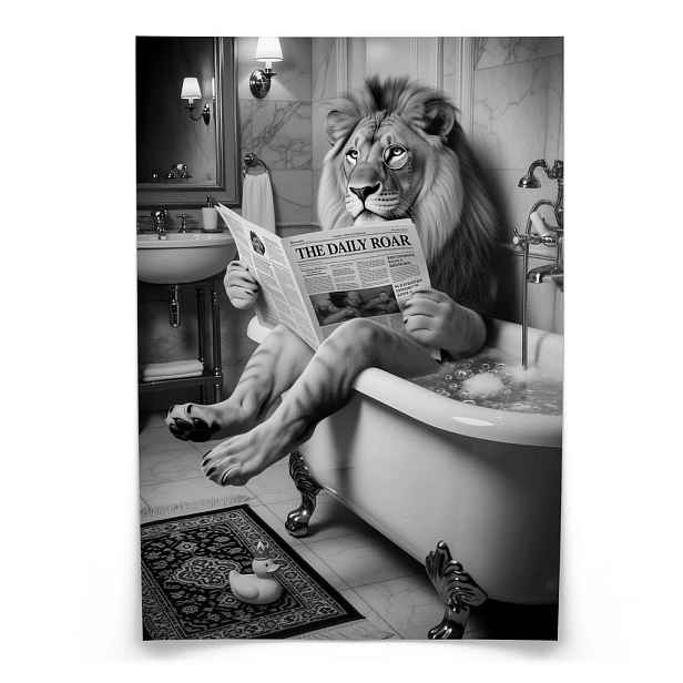 Muralo POSTER für Badezimmer WC LÖWE in Badewanne Zeitung Abstraktion 50x70cm