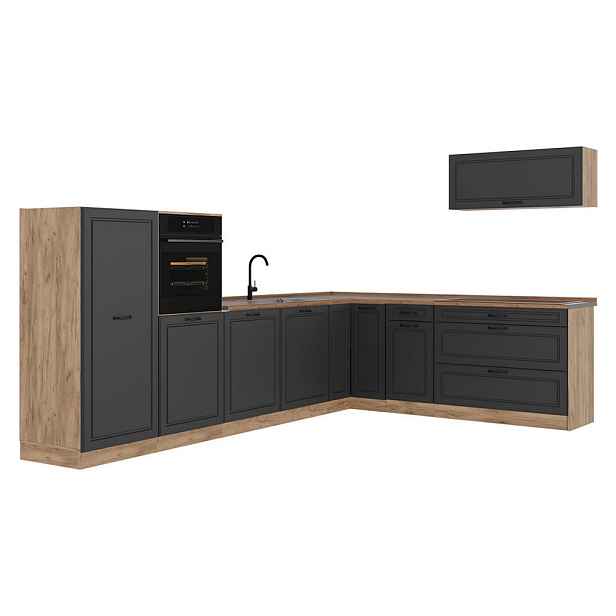 Vicco ROHOVÁ KUCHYŇ R-Line, Antracitový venkovský dům/Zlatý mocný dub, 327 x cm pracovná doska Dub Goldkraft