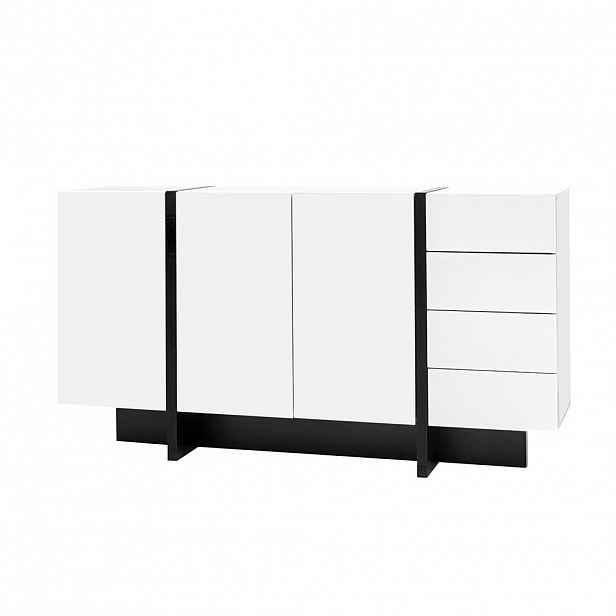 Modfu KOMODA z MDF a dřevotřísky 150x40x80,5 cm bílá/černá se 2 dvířky a 4 zásuvkami, vysoký lesk a tiché dovírání