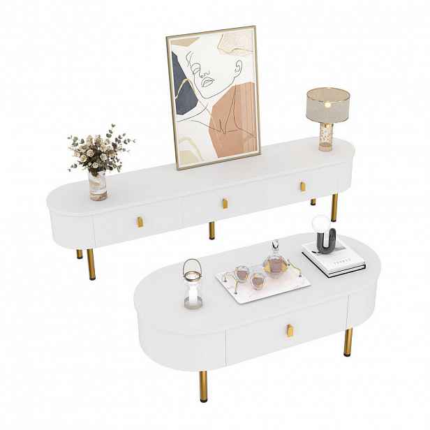 Modfu SESTAVA TV stolku a konferenčního stolku z MDF 174x41x35 cm / 108x40x50 cm bílá se zásuvkami a zaoblenými hranami