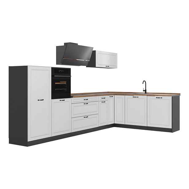 Vicco ROHOVÁ KUCHYŇ R-Line, Bílý venkovský dům/Antracit, 347 x cm pracovná doska Dub Goldkraft