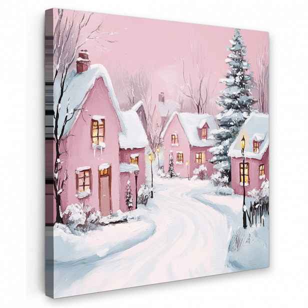 MuchoWow OBRAZ NA PLÁTNĚ Vánoční vesnice - Růžová - Zima - Sníh - Domy 50x50 cm