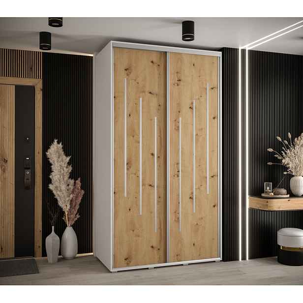 Šatní skříň YVONA 8 - 130/60 cm, bílá / dub artisan / stříbrná