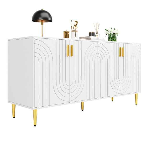 Modenvie SIDEBOARD, 152/40/75 cm, MDF bílá se zlatými detaily a vlnitými dvířky