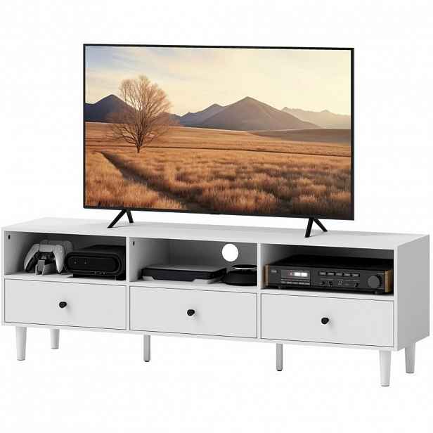 Modfu TV stolek z dřevotřísky 140x34x45 cm bílá se 3 zásuvkami, 3 přihrádkami a kabelovou průchodkou