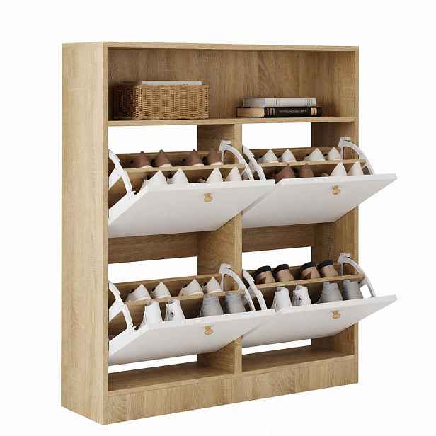 STILVORA SKŘÍŇ NA BOTY v přírodní a bílé barvě se 4 výklopnými přihrádkami, do předsíně a vstupu, 90 × 24 × 104,5 cm