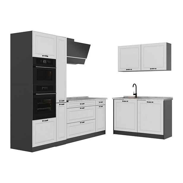 Vicco ROHOVÁ KUCHYŇ R-Line, Bílý venkovský dům/Antracit, 230 x 120 cm pracovná doska Mramor