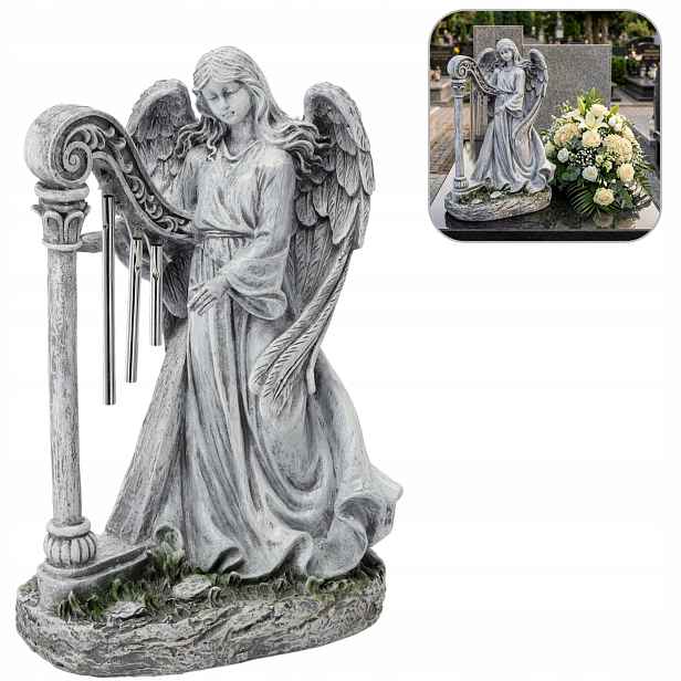 Anděl S Harfou Hřbitovní Svíčka Hřbitovní Figura Na Hrob Socha Dekorace 39 CM