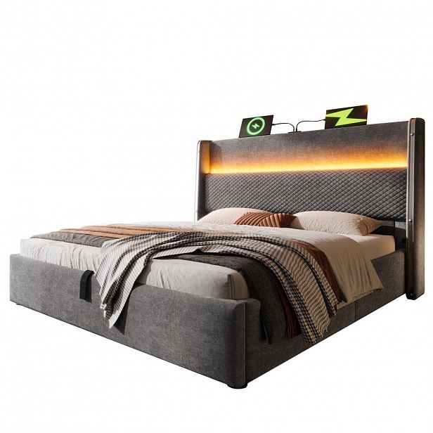 Modfu ČALOUNĚNÁ postel z lnu 140x200 cm šedá s LED osvětlením, USB/Type-C portem a hydraulickým úložným prostorem