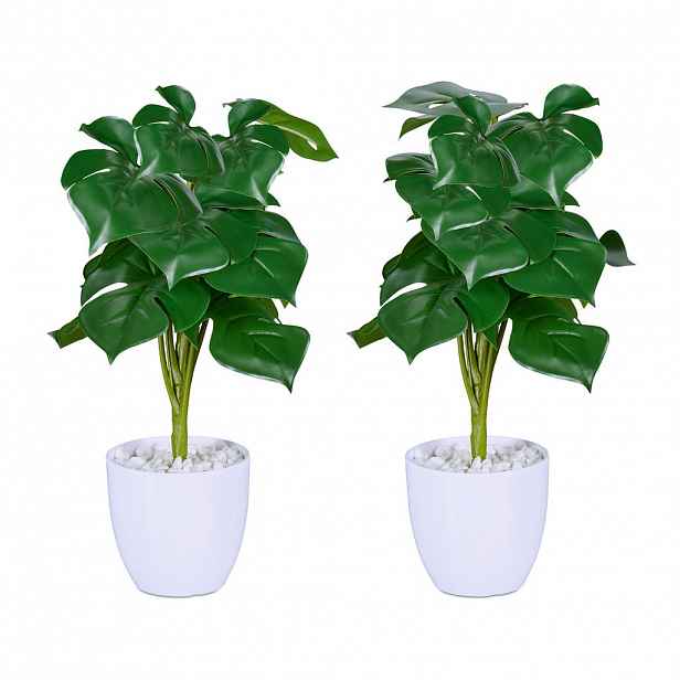 Relaxdays ROSTLINA umělá zelená bílá 2dílná-sada Monstera H 33 cm
