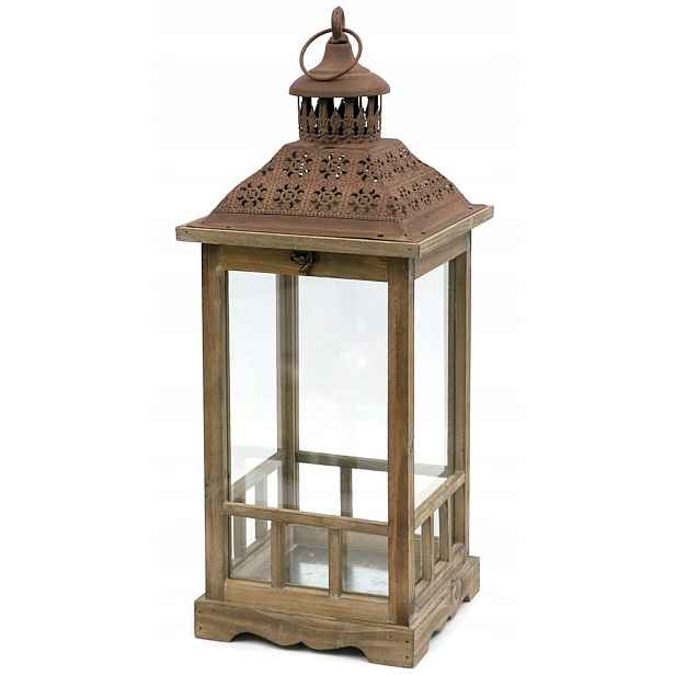 Lampion Hnědý Dřevěný Kovový h-60 cm S Retro Úchytem