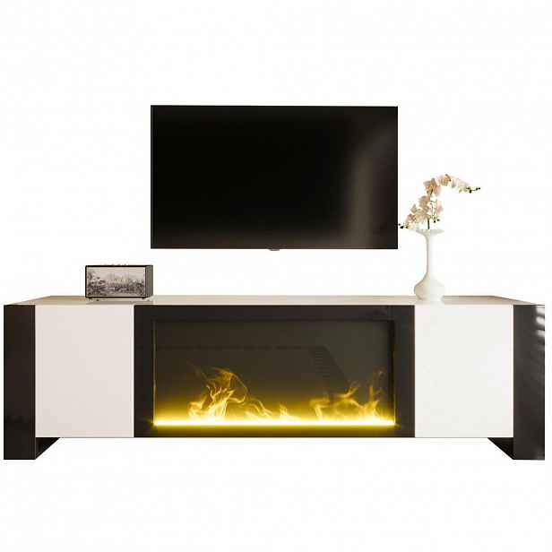 Modfu TV stolek z dřevotřísky 165x55x32 cm bílý/černý s dekorativním elektrickým krbem, bezúchytkovým otevíráním a úložným prostorem