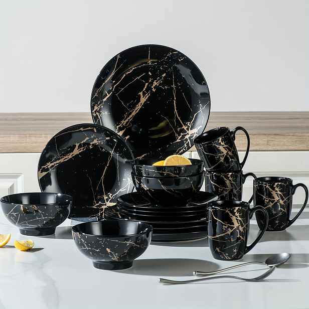 TEMU Černé talíře a misky sady pro 4 osoby, porcelánové sady nádobí 16 ks s glazurou zlaté skvrny, keramická sada nádobí, kulatá sada nádobí s hrnky,