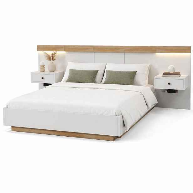 STILVORA POSTELOVÁ SESTAVA 160 × 200 cm, bílá a dub Sonoma, 2 noční stolky, LED, USB, Type-C, plovoucí design