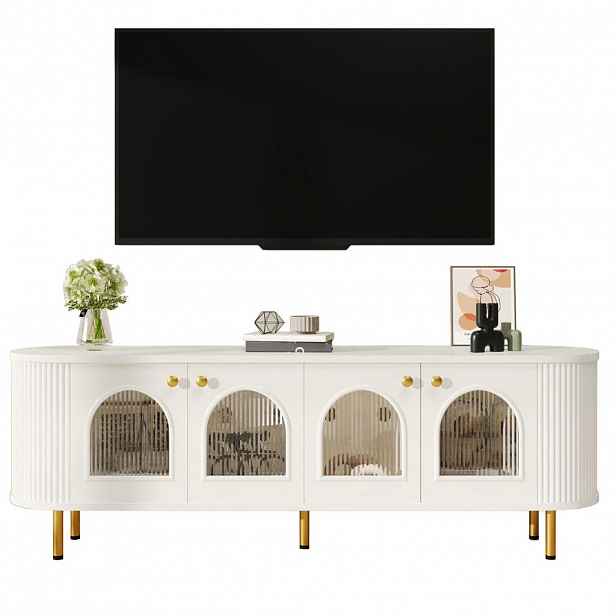 Modfu TV stolek z MDF 170x55x35 cm bílá/zlatá se 4 skleněnými dvířky, kabelovým průchodem a tlumeným dovíráním