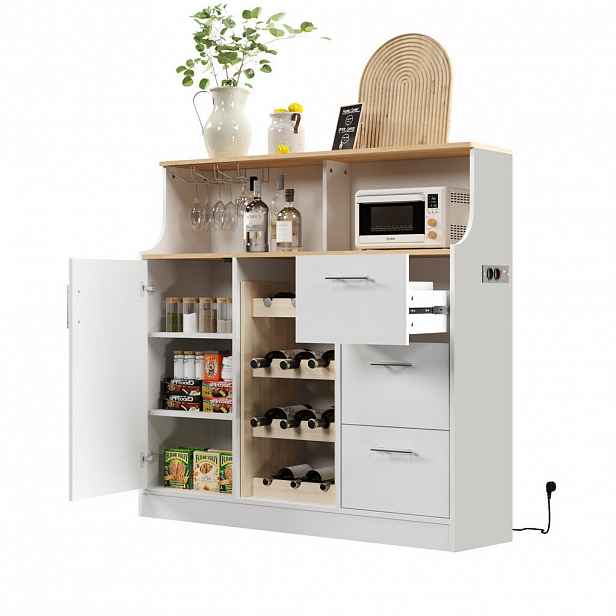 Modfu PŘÍBORNÍK z MDF 120x40x121 cm bílá/přírodní s LED osvětlením, elektrickou zásuvkou, vinotékou a držákem na sklenice