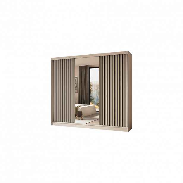 ALTDECOR ŠATNÍ SKŘÍŇ se zrcadlovými posuvnými dveřmi a hliníkovými lamelami, LED osvětlení – LAMELO – 240 cm bílá+bílá+černá