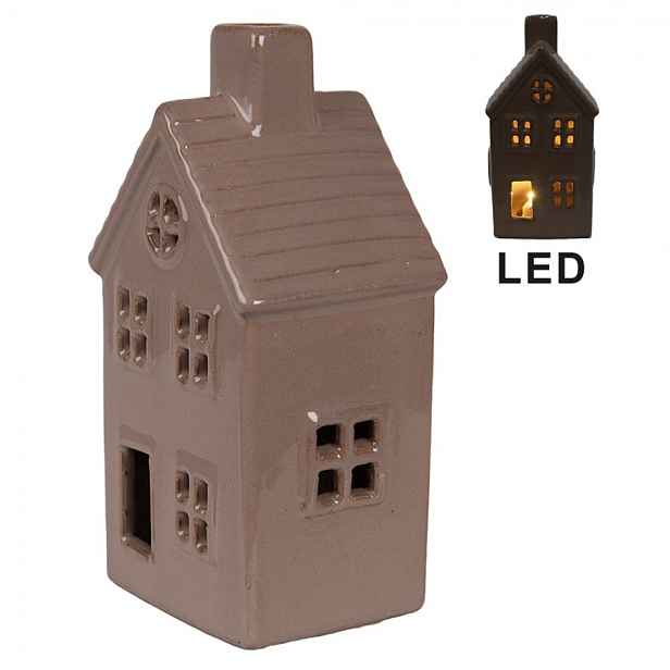 Hnědý keramický svítící LED domek - 8*6*15 cm Clayre & Eef