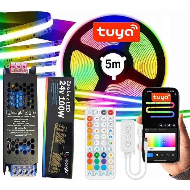 Led Páska 5 m Cob Neon Rgbic Wifi Tuya Aplikace Dálkový Ovladač Sada Napájecího Adaptéru 24V