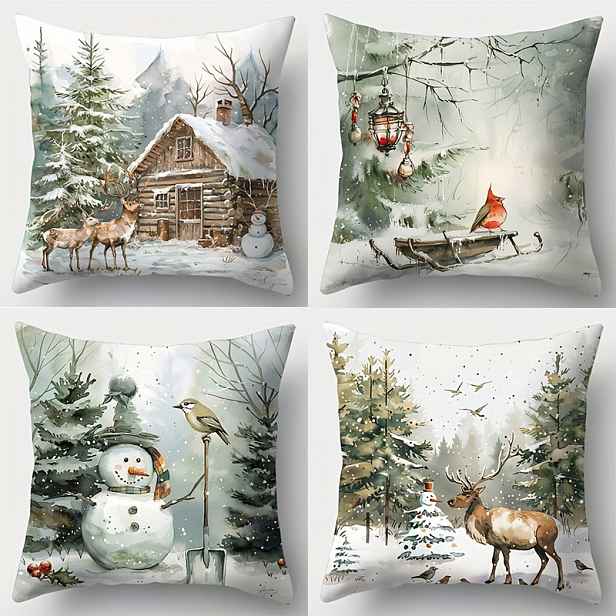 TEMU Set of 4 Christmas Throw Pillow Covers, Contemporary Style, Snow Scene and Holiday Animal Print, Hand Washable, Zippered Polyester Cases for