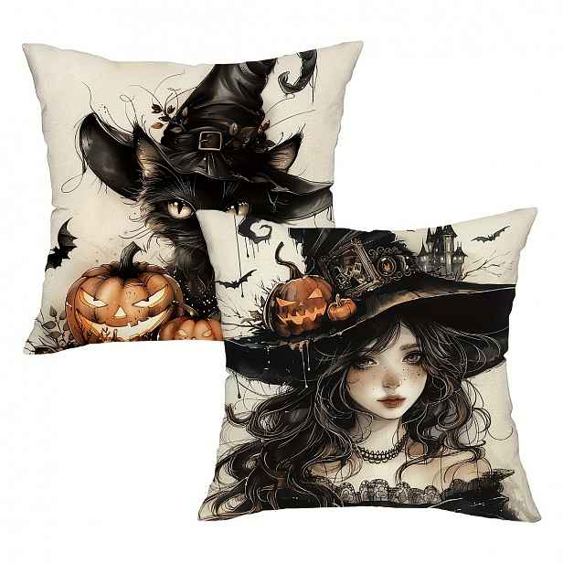 TEMU 2 ks, Vintage halloweenské povlaky na polštáře, 18in*18in, Čarodějnice Dýně, Netopýr, Kočka, Vrana, Dekorativní povlaky na polštáře, Útulné