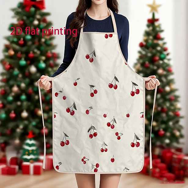 TEMU Unisex 2D plochá zástěra s minimalistickým třešňovým vzorem, jednoduchý a elegantní styl kuchyňské zástěry, vánoční zástěra, zástěra s chráničem