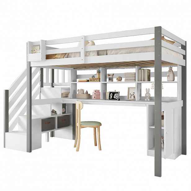 Modfu POLOVYSOKÁ postel z masivu a MDF 90x200 cm bílá/šedá s psacím stolem, regálem, úložnými schody a boxy