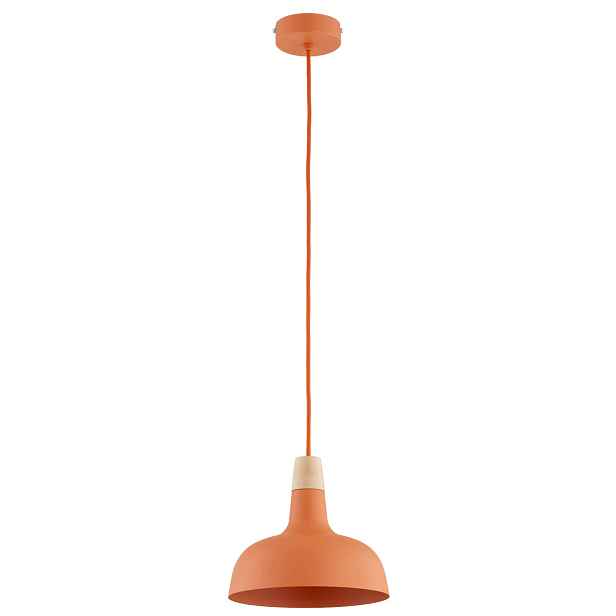 Závěsná lampa skandinávská oranžová kopule s dřevem 1xE27 15W Alfa