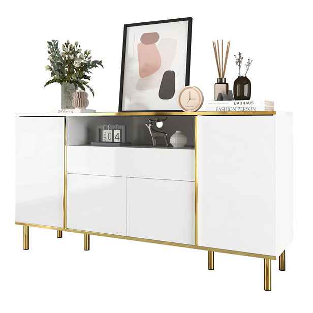 Redom SIDEBOARD 150/40/80 cm s LED osvětlením, vysokým leskem a zlatými detaily, Bílá