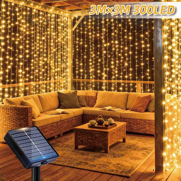 TEMU Solární venkovní světelný řetěz, 300/200/100 LED zahradní dekorativní závěsné světlo, 12 režimů svícení, automatické zapnutí ve tmě, vhodné pro