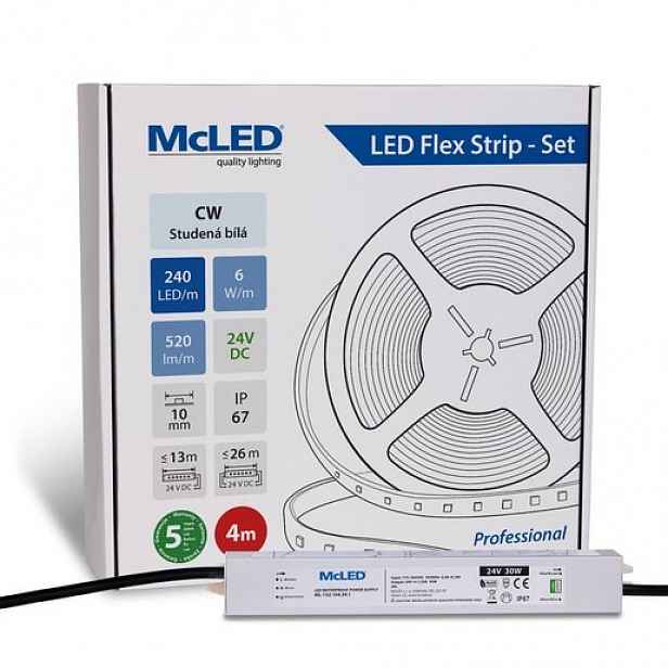 McLED LED pásek - sada 4 m, 240 LED/m, CW, 6 W/m, DC 24V, 520 lm/m, CRI90, IP67, 10 mm, vodič 3 m ML-126.032.90.S04001
