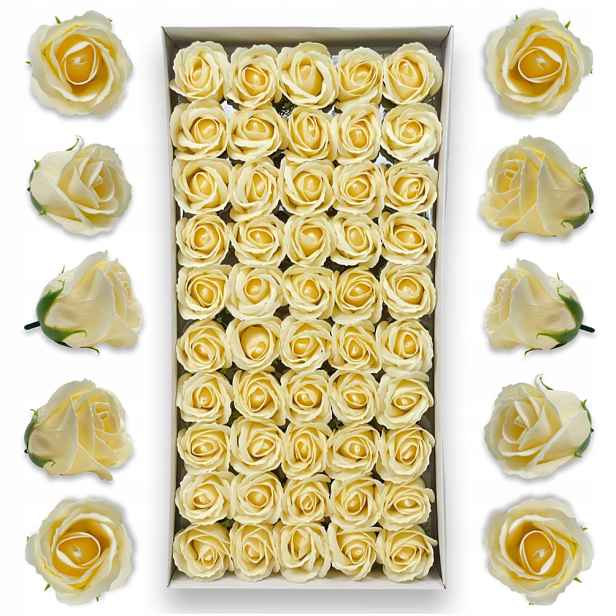 Béžové mýdlové růže 50 ks Mýdlové květy do flowerboxů Květiny z mýdla
