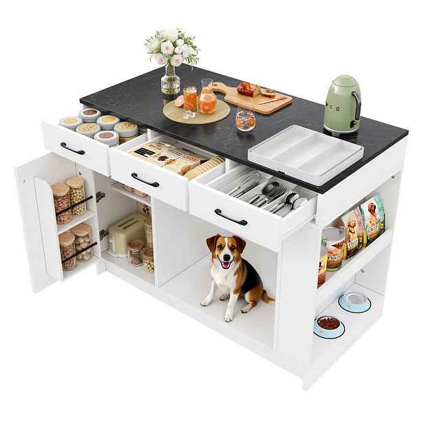Modenvie KUCHYŇSKÝ ostrůvek z MDF, 120/60/90 cm bílý s úložným prostorem pro mazlíčka