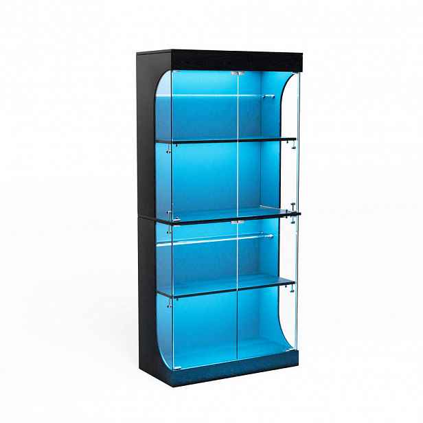 Modfu SKLENĚNÁ vitrína z skla a dřevotřísky 80x35x165 cm černá s LED osvětlením, USB, USB-C a pohybovým senzorem