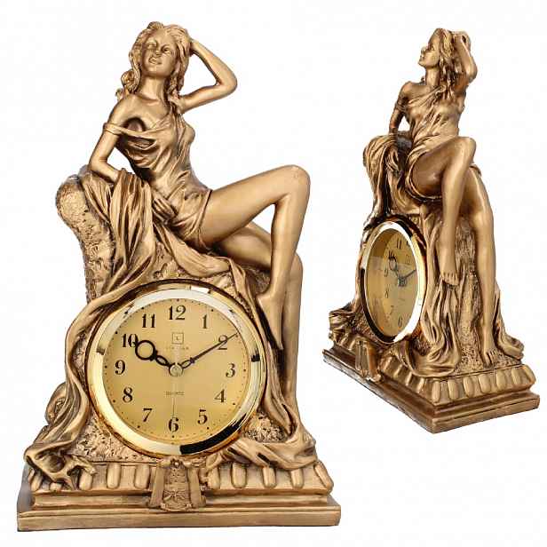 Stojanové keramické krbové hodiny Livello retro, zlatá žena, 29 cm