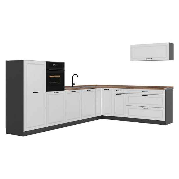 Vicco ROHOVÁ KUCHYŇ R-Line, Bílý venkovský dům/Antracit, 327 x cm pracovná doska Dub Goldkraft
