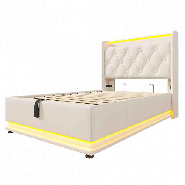 Modfu ČALOUNĚNÁ postel z PU 90x200 cm bílá s LED osvětlením, USB a hydraulickým úložným prostorem