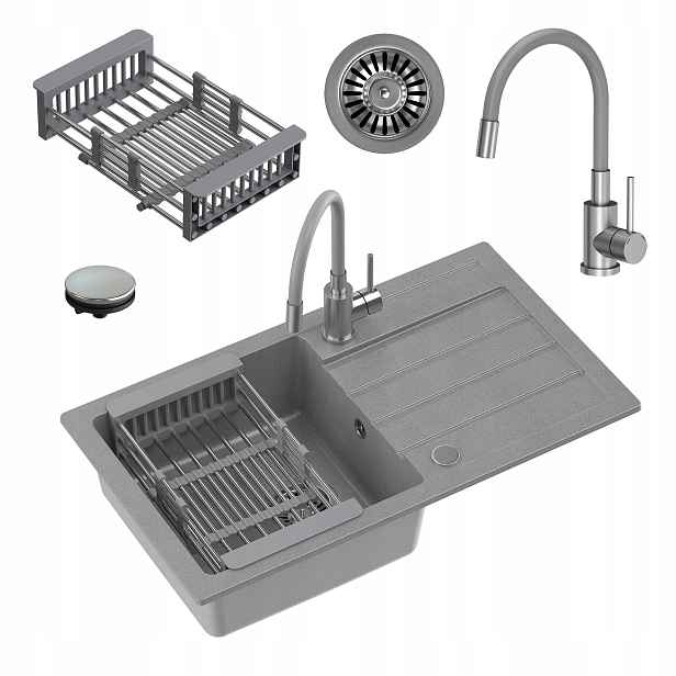 myQ Dřez Soul 11 dřez granitový šedý sada baterie 77x44