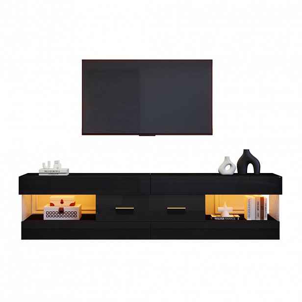 STILVORA ČERNÝ TV STOLEK s LED, otevřenými policemi a zásuvkami, 152/35/40 cm, do obývacího pokoje