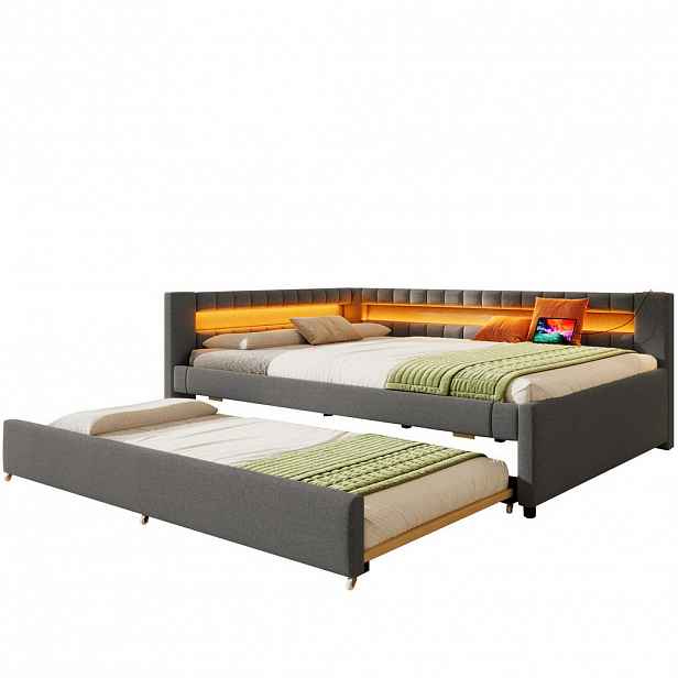 Modfu DENNÍ postel ze lnu 140x200 cm šedá s LED osvětlením, USB-C, USB a výsuvným lůžkem