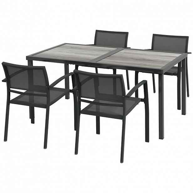 Outsunny SADA SEDACÍHO NÁBYTKU Sada zahradního nábytku, 1 jídelní stůl, 4 stohovatelné židle, textil, tmavě šedá