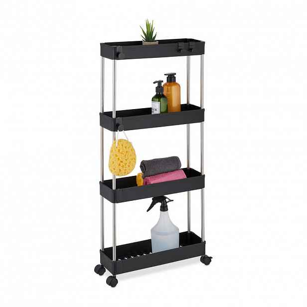 Relaxdays VOZÍK Černý stříbrný 4 police na kolečkách 88 cm