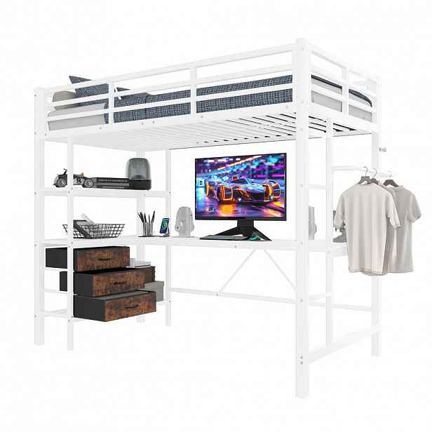 Modfu PATROVÁ postel z kovu a MDF 90x200 cm bílá s LED osvětlením, stolem, USB a 3 zásuvkami