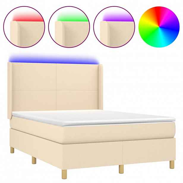vidaXL Box spring postel s matrací a LED krémová 140x200 cm textil