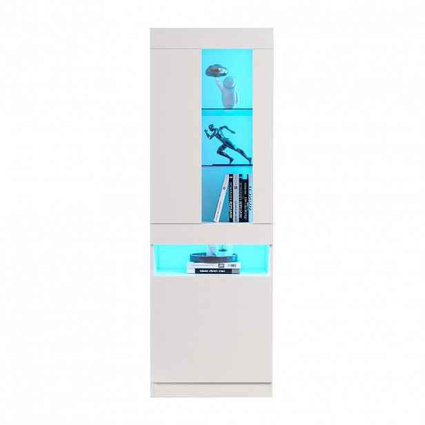 Modfu VITRÍNA z dřevotřísky 50x40x180 cm bílá s LED USB osvětlením, Bluetooth ovládáním a skleněnými policemi
