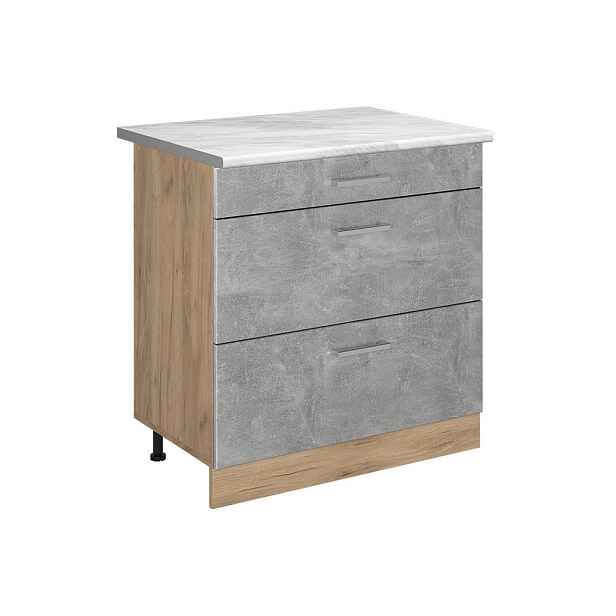 Vicco SPODNÍ SKŘÍŇKA KUCHYŇSKÉ LINKY R-Line, Beton/Zlatý mocný dub, 80 cm se 3 zásuvkami pracovná doska Mramor