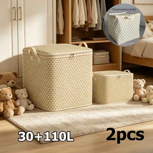 TEMU 2 ks Béžové úložné boxy pod postel s diamantovým vzorem (30+110L), organizéry na oblečení a lůžkoviny se zipem a zesílenými držadly, do šatny v